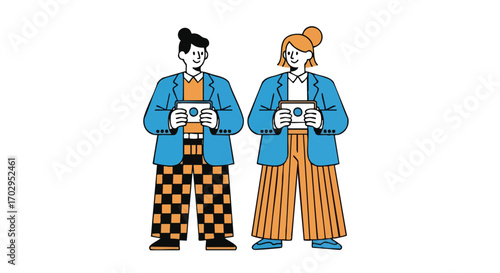 Diverse business professionals holding tablets, ready to collaborate in a modern, vibrant setting