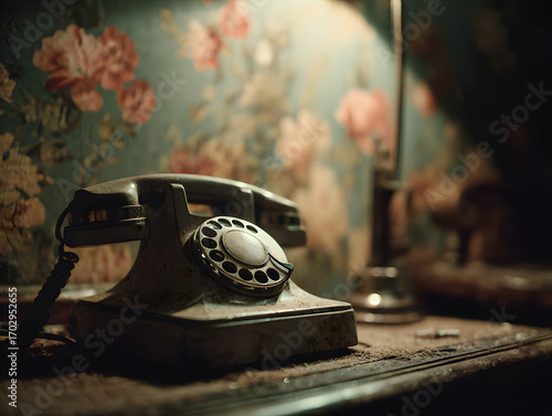 Vintage rotary telephone sits on dusty wooden table under warm lamp light, surrounded by faded floral wallpaper, evoking nostalgia and retro charm in cozy, old fashioned room