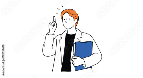Smart professional with folder has brilliant idea, pointing up for insight and planning success.