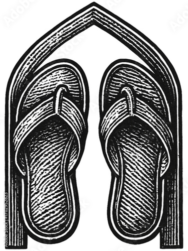 Artistic black and white woodcut illustration of a pair of casual flip-flops, elegantly framed within a stylized arch, evoking tranquil summer days and classic craftsmanship