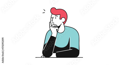 Thoughtful man pondering a creative solution with hand on chin in clean modern design style