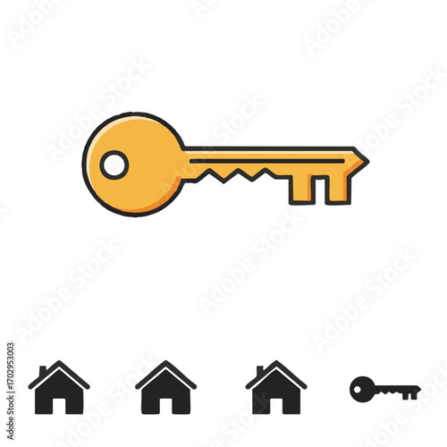 This vector illustration depicts a shiny golden key, symbolizing access, security, and the concept of home ownership, alongside small house icons.