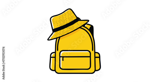 Vibrant yellow backpack with stylish fedora hat, perfect for adventure and travel