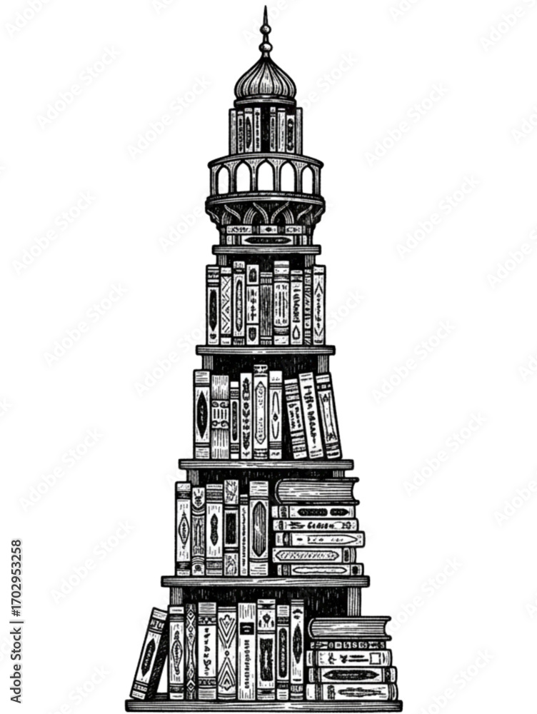 Obraz premium An architectural lighthouse constructed from stacked books, symbolizing knowledge and learning, a beacon of wisdom