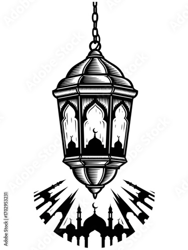 Islamic Lantern Design with Mosque Silhouettes for Ramadan