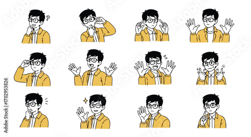 Dynamic young man expresses diverse emotions and actions, perfect for engaging presentations and marketing