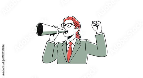 Empowered businesswoman shouting through megaphone to inspire change and drive impactful communication