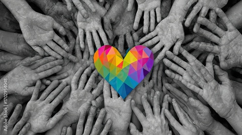 Diverse hands encircling a colorful heart unity concept