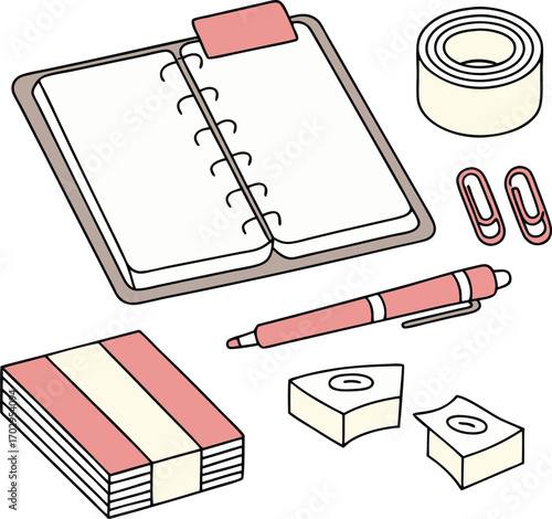 Stationery set with notebook, pen, tape, clips and sticky notes