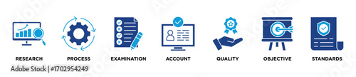 Audit concept icon illustration contain research, process, examination, account, quality, objective and standards. solid vector illustration