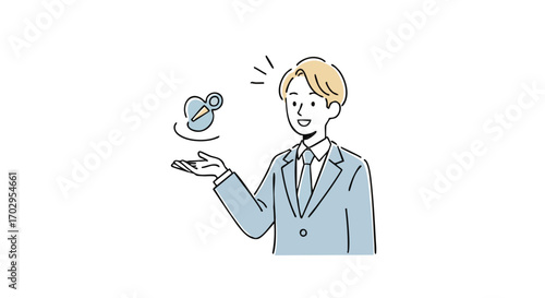 Confident businessman presenting innovative idea, showcasing growth and opportunity with a smile