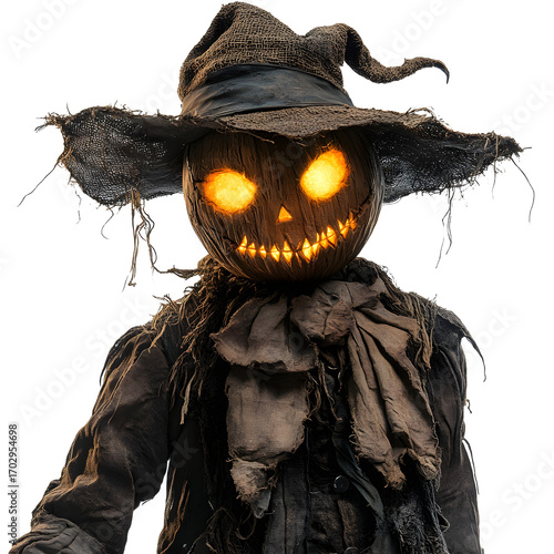 Stock photo of Scarecrow glowing pumpkin head white isolated background. Clean background and simple style with natural light and clear detail for web and print. Simple photo for stock use with clear 