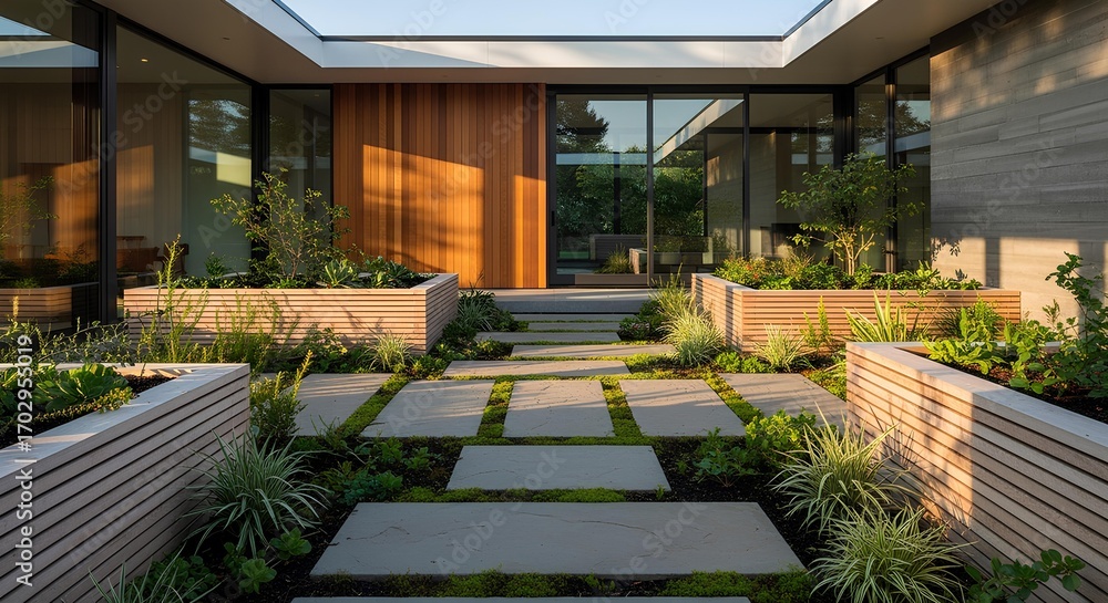 Fototapeta premium Contemporary courtyard house with stone walkway