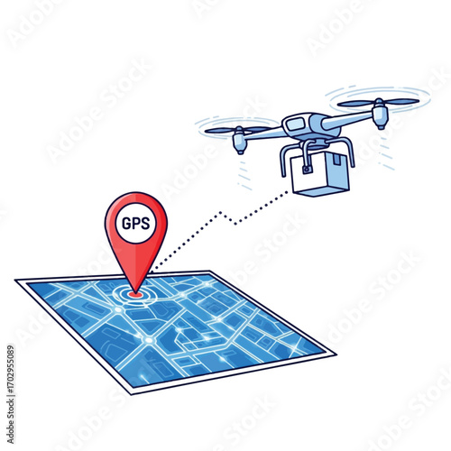 A drone delivering a package, guided by GPS coordinates on a map, showcasing modern delivery technology.