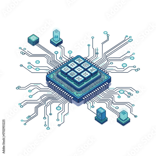 An isometric illustration of a central processing unit (CPU) with connected circuits and various components, all in blue hues.