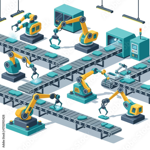 Automated factory assembly line with robotic arms manipulating parts on conveyor belts.