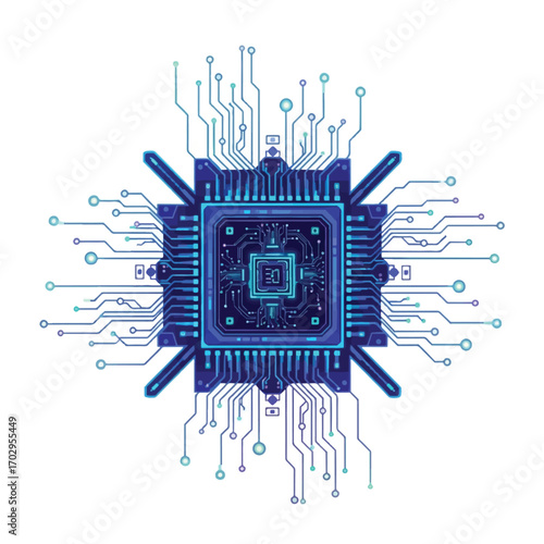 Abstract illustration of a complex microchip, showcasing intricate circuitry and technological design.