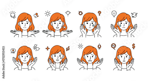 Woman displays diverse emotions and reactions with symbols representing thoughts and feelings