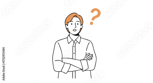 Confused man with question mark pondering difficult decision, seeking answers, uncertain about next step