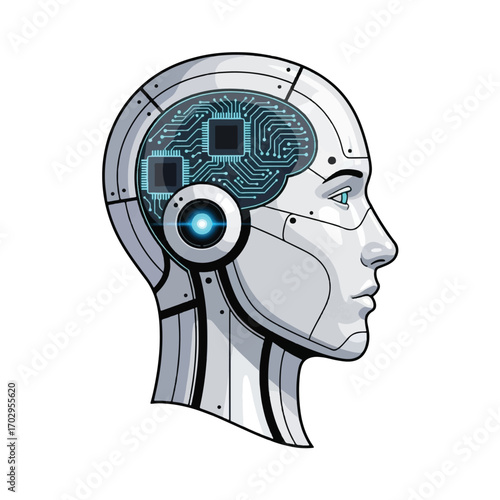 Illustration of a robot head with a visible circuit board brain, showcasing artificial intelligence.