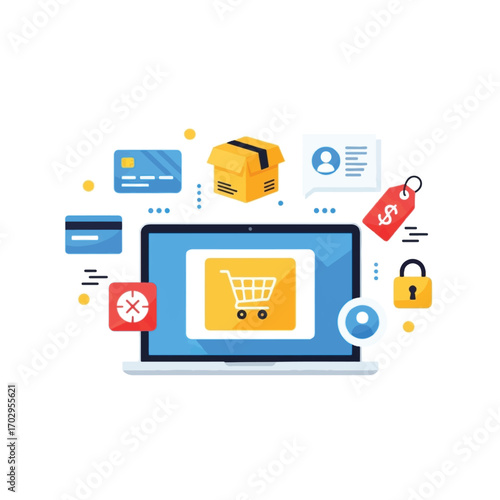 Online shopping concept illustrated with laptop and related icons.