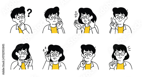 Diverse characters express confusion, worry, and brilliant ideas with expressive gestures and facial cues.