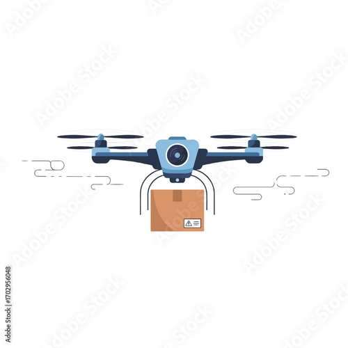 Drone delivering a package, aerial delivery service, fast shipping concept.