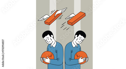 Sad man holding orange sphere with wings flying away symbolizing lost opportunity or broken dreams