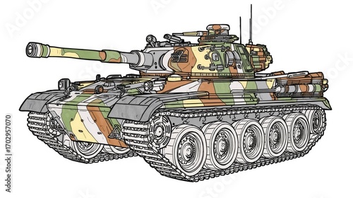 Camouflaged Main Battle Tank Detailed Line Art Illustration