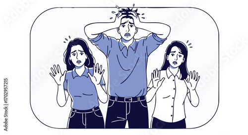Overwhelmed team members reacting to unexpected crisis with panic and stress