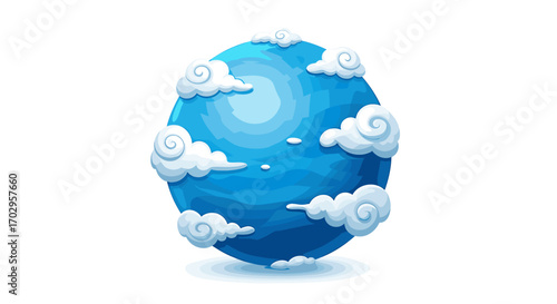 Stylized blue cartoon planet with fluffy white clouds circling around