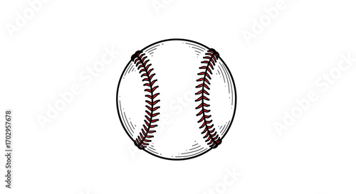 Baseball ball with red seams hand-drawn style on white background