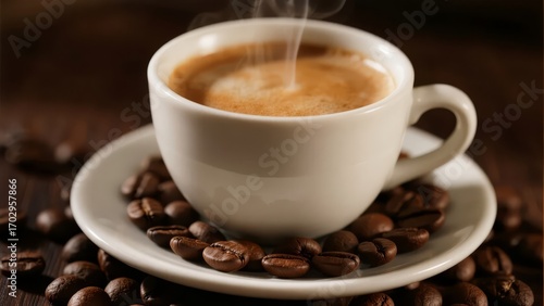 Steaming cup of coffee with frothy milk, surrounded by coffee beans on a wooden surface