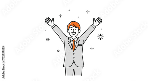 Excited businessman celebrating success with arms raised in vibrant, energetic gesture
