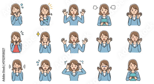 Diverse emotional expressions of professional businesswoman showcase empathy, stress, joy and concern, modern corporate