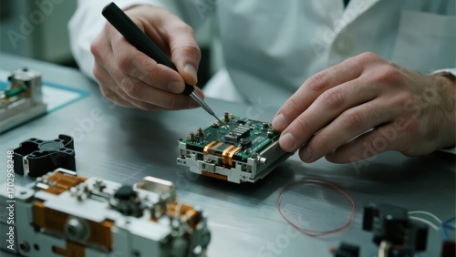 Engineer assembling electronic components with precision tools in a lab setting