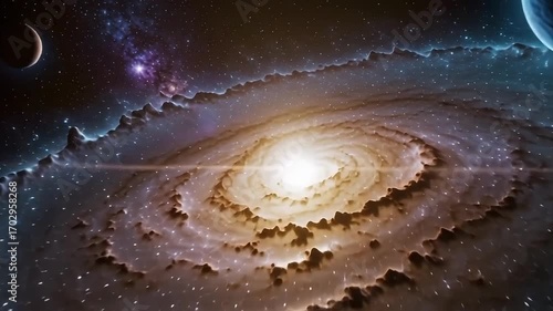 Spectacular galaxy forming in deep space with distant planets and vibrant cosmic clouds