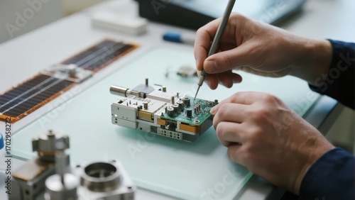 Engineer assembling electronic components on a circuit board
