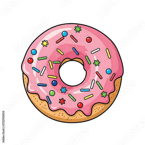 Delicious donut with pink frosting and colorful sprinkles invites sweet indulgence and joyful treat time
