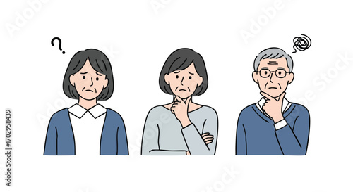 Elderly couple and man pondering important decisions with thoughtful expressions