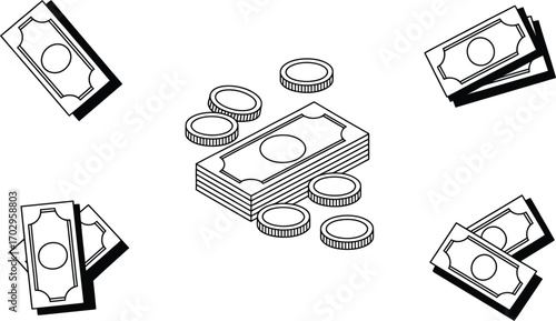 Stylized Illustration of Cash and Coins, Money and Wealth Concept
