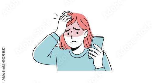 Stressed woman experiencing headache while looking at phone, feeling overwhelmed and anxious