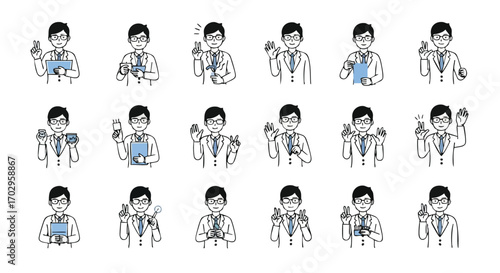 Diverse doctor gestures showcase medical expertise, innovation, and patient care in modern practice.