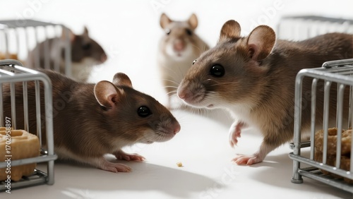 Two mice interacting closely with food and cages in a controlled environment