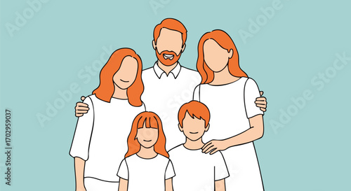 Happy family portrait in minimalist style with light blue backdrop, illustrating togetherness and love