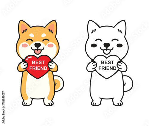 Cute Shiba Inu Dogs Holding Heart-Shaped "Best Friend" Signs, Color and Black and White Versions