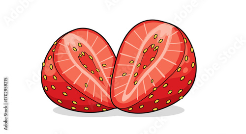 Isolated red strawberry cut in half illustration on white background.