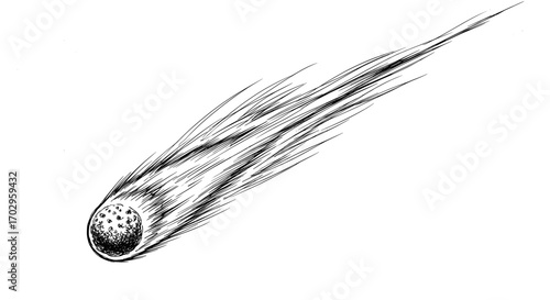 Black and white detailed drawing of a comet speeding through space