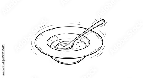 Hand-drawn sketch of soup bowl with spoon isolated on white
