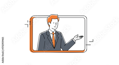 Professional businessman presenting with open hand gesture, offering service in a friendly manner